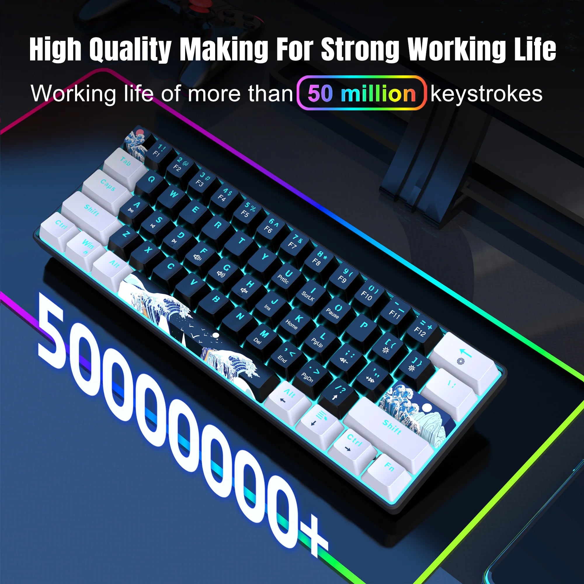 60% Mechanical Keyboard, Gaming Keyboard With Blue Switches And Sea Blue Backlit Small Compact